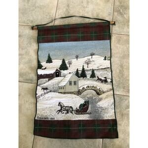 Vintage Wall Hanging Christmas Snow Scene TAPESTRY David Carter Brown Sleigh